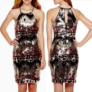 MY MICHELLE SEQUIN EMBELLISHED AZTEC GEOMETRIC HALTER SHEATH DRESS